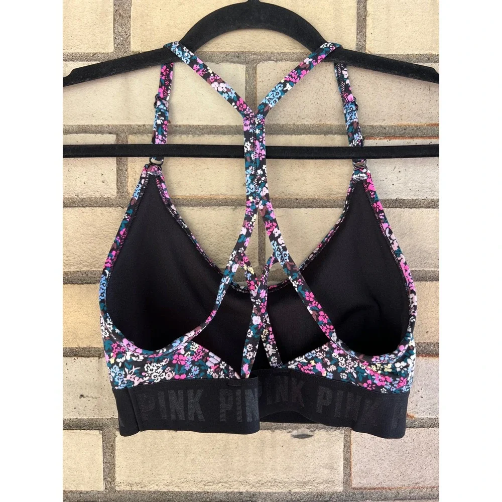 Pink Sport Victoria's Secret Floral Strappy Racerback Sports Bra Black Small - Picture 3 of 5